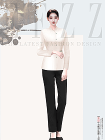 飯店餐廳酒店中餐廳女服務員立領米白色秋冬服裝設計圖