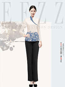 秋冬季長袖中式茶樓餐廳女服務員定位花設計工作服