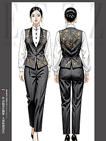 酒店餐飲女服務員提花馬甲灰金色系手繪設計圖