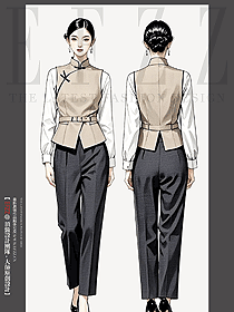 新中式棋盤扣立領酒店中餐廳女服務員手繪圖