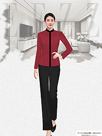 玫紅色長袖女酒店賓館客房服務員服裝設計