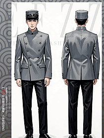 灰色立領門童制服套裝行李員工作服男款手繪設計