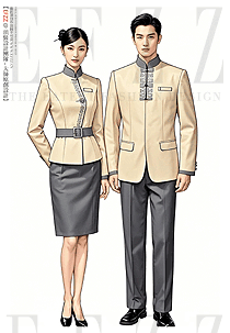 酒店餐飲服務員工作服中國風米色套裝刺繡款