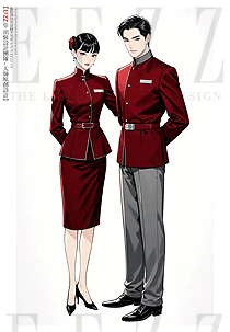 紅色系喜慶中式高端會所前廳接待員工制服手繪圖