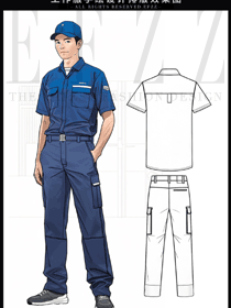 藍色短袖工裝手繪設計排版效果圖