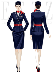 航空乘售樓部處員工藍色春秋款工作服手繪圖